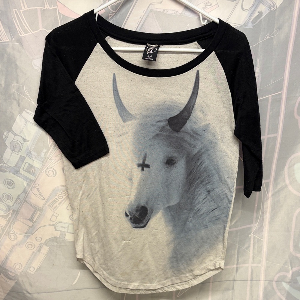 Black and White Horse Unicorn Bull Graphic Raglan Tee